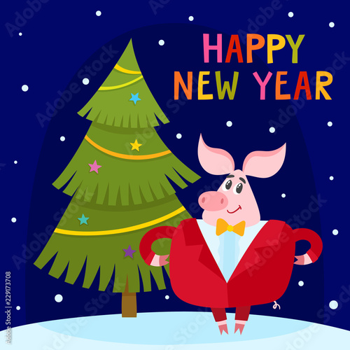 Cute cartoon greeting card pig with christmas tree.