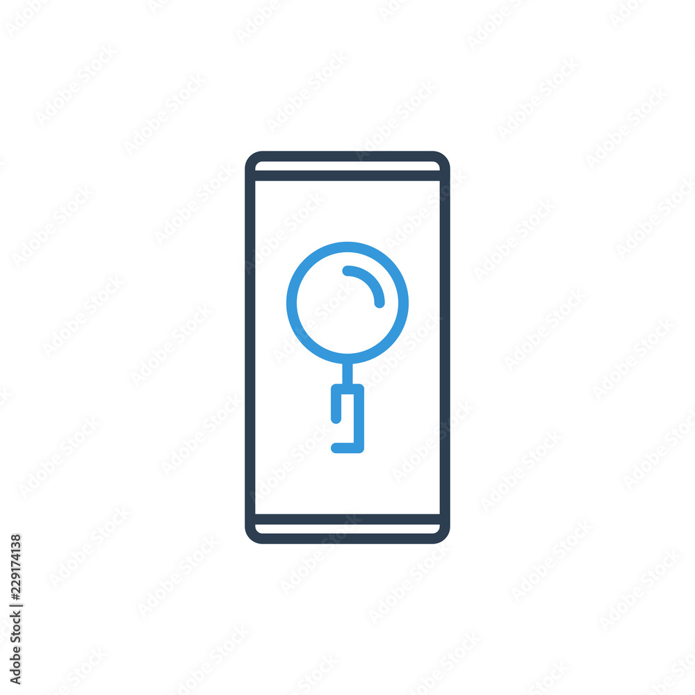 Simple Line of Cell Phone Vector Icon - Phone search magnifying. Simple Line of Cell Phone Vector Icon - Phone search magnifying.