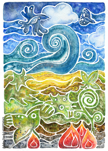 Abstract mosaic composition with natural elements  flora and fauna  birds  leaves  plant  sky  cloud  fire  water  earth and metal. Watercolor illustration.