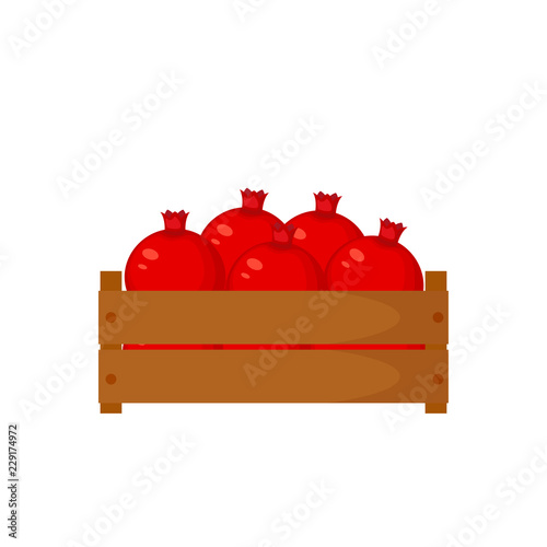 Wooden box with red pomegranate vector illustration isolated on 