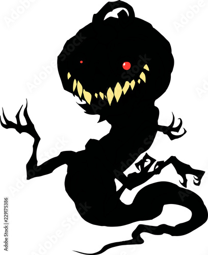 Cartoon halloween illustration of a funny monster. Bogy with sharp claws and scary pumpkin head. Hand drawn mascot isolated