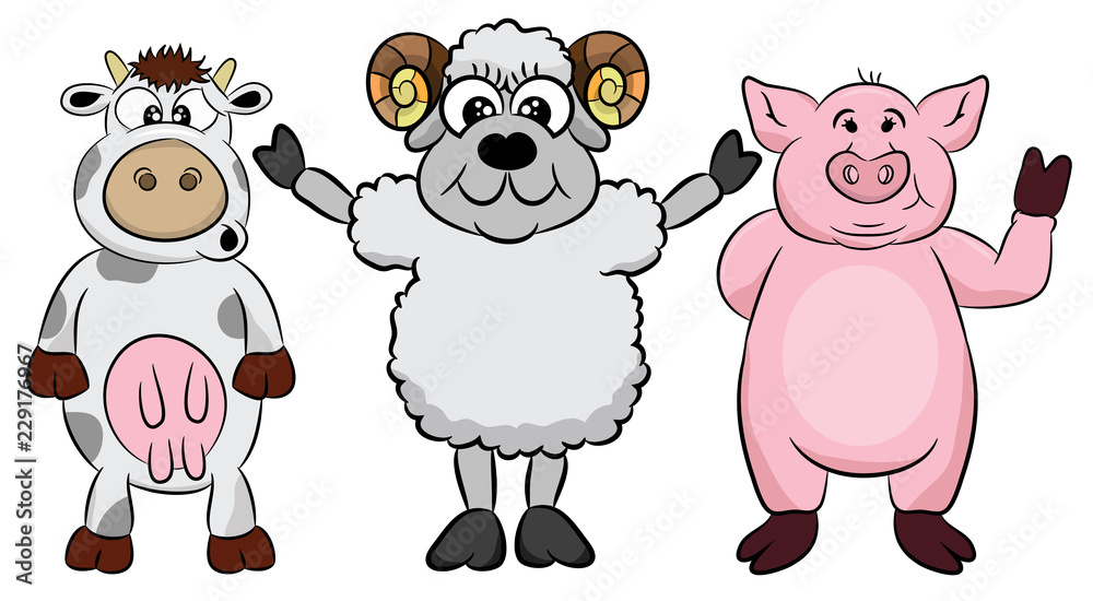 Farm life. Cartoon fun farm animals set. Vector illustration, isolated on white background. Cute pets characters including pig, sheep, cow. Design for print, t-shirt, party decoration, logotype.