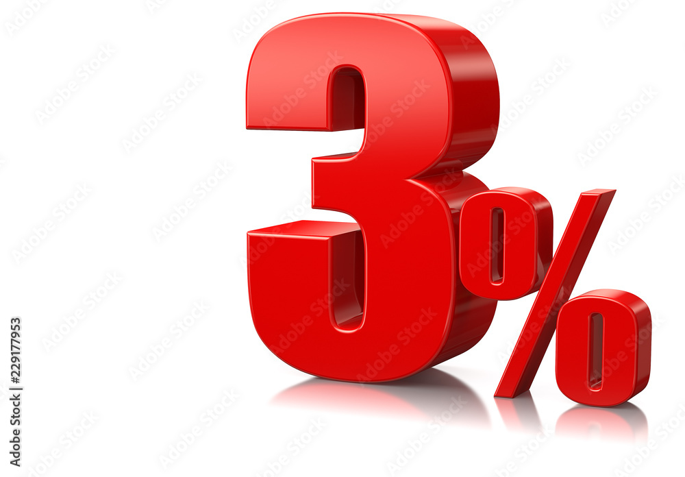 Red three percent on white reflective background. 3d rendering. Illustration for advertising. Red three percent on white reflective background. 3d rendering. Illustration for advertising.