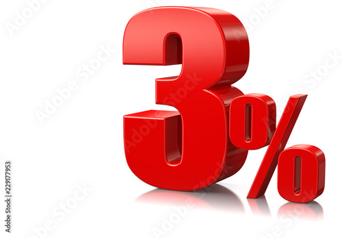 Red three percent on white reflective background. 3d rendering. Illustration for advertising.