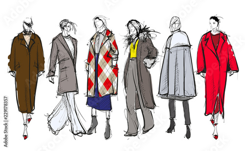 Sketch. Fashion Girls on a white background. Vector illustration