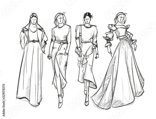 Sketch. Fashion Girls on a white background. Vector illustration