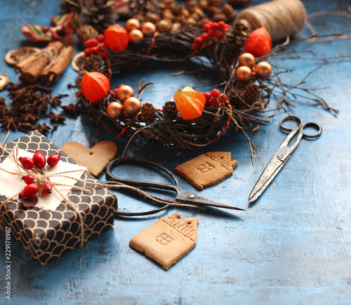 making Christmas wreath/holiday preperations/wreath of birch branches
