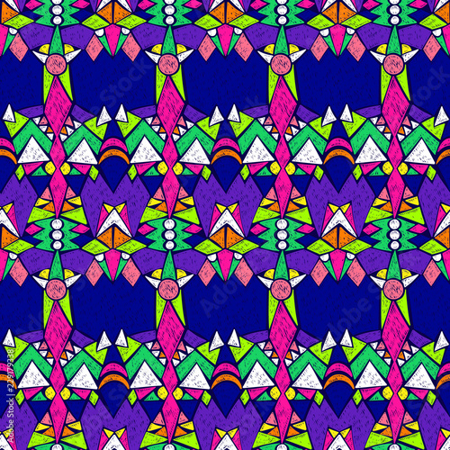 Tribal pattern. Aztec fabric. Mystical ornament. Surreal symbols print. Clothes or interior design. Boho fashion. Traditional homespun textile. Vector seamless pattern.