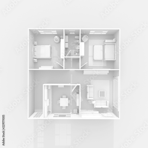 3d interior rendering of white furnished home apartment