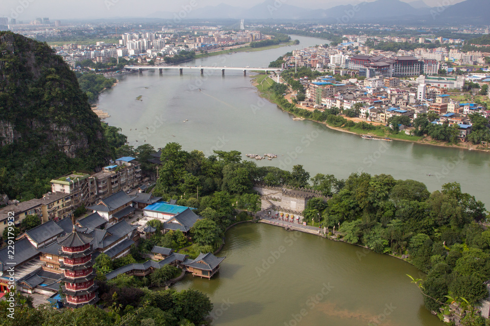 Aerial View of Guilin Town from Diecai Hill, Yangshuo China