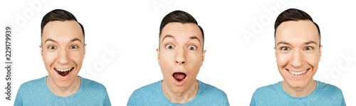 Set of portraits of young guy with different emotions isolated on a white background.
