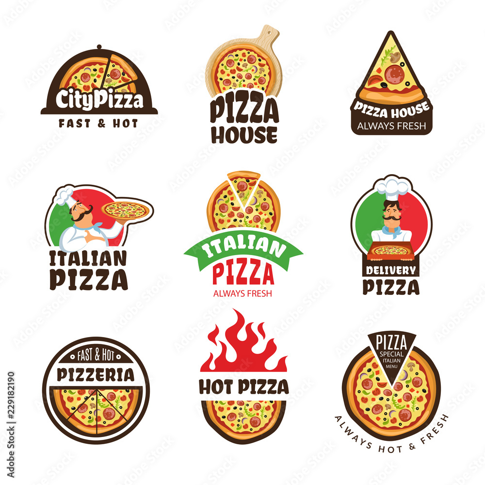 Pizzeria logo. Italian pizza ingredients restaurant cook trattoria lunch colored vector labels or badges. Italian food logo for restaurant pizzeria illustration - obrazy, fototapety, plakaty 