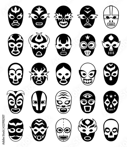 Fighters masks. Mexican lucha libre silhouettes of vector masked luchador isolated. Collection of mask wrestling mexican, wrestler luchador fighter illustration