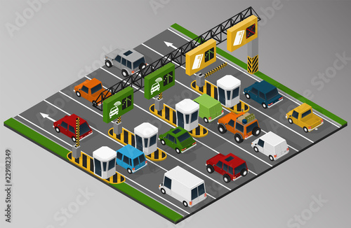 Vector isometric illustration of a toll collection area in the turnpike.