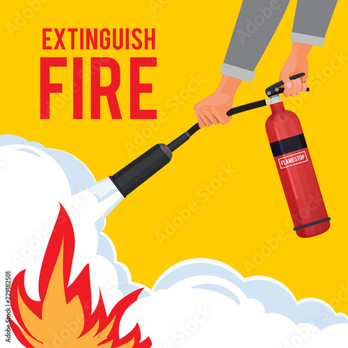 Extinguisher in hands. Firefighter with fire red extinguisher extinguish big flame vector attention placard. Illustration of instruction extinguishing, signboard hand hold extinguisher equipment