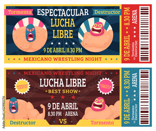 Lucha libre ticket. Mexican wrestlers in masks luchador martial fighting announcement vector design template. Illustration of ticket event to competition mexican sport