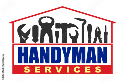 Handyman services vector design for your logo or emblem in shape of house with set of workers tools. There are wrench  screwdriver  hammer  pliers  soldering iron  scrap.