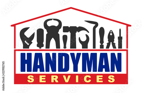 Handyman services vector design for your logo or emblem in shape of house with set of workers tools. There are wrench, screwdriver, hammer, pliers, soldering iron, scrap.