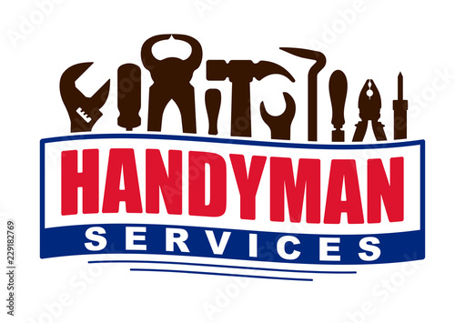 Handyman services vector design for your logo or emblem in shape of waving banner with set of workers tools. There are wrench, screwdriver, hammer, pliers, soldering iron, scrap.