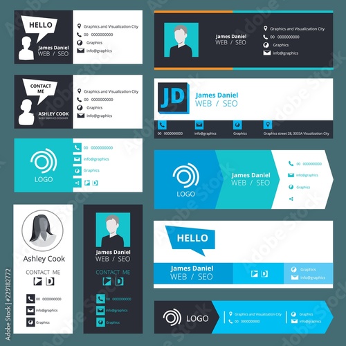 Email signature template. Office business visit cards for webmail user interface with place for your photo and text vector. Web business profile individual illustration