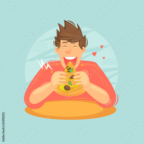 Fototapeta Man eating pizza.Flat design vector illustration