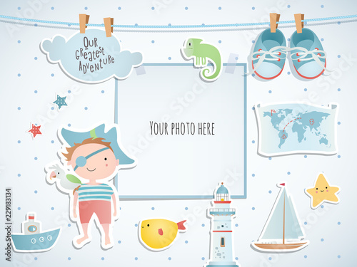 Holiday card design with pirate and boat. Baby shower. Paper, scrapbook.
