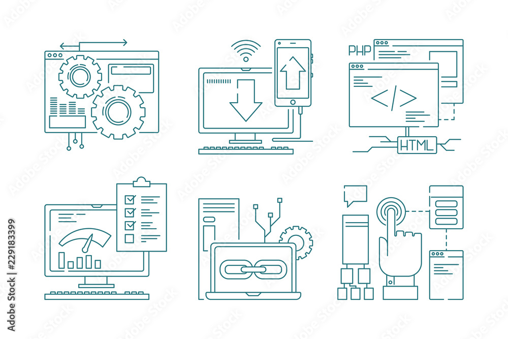 Web development line icons. Seo mobile layout web design creative process code website and app for smartphones vector pictures. Illustration of development optimization, seo link programming project Web development line icons. Seo mobile layout web design creative process code website and app for smartphones vector pictures. Illustration of development optimization, seo link programming project