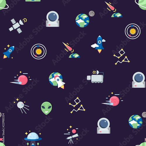 Fototapeta Naklejka Na Ścianę i Meble -  Vector flat space icons pattern or background illustration. Universe galaxy with star and rocket, seamless background