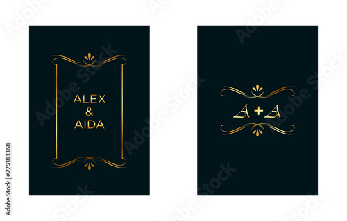 Wedding invitation cards with marble texture background and gold