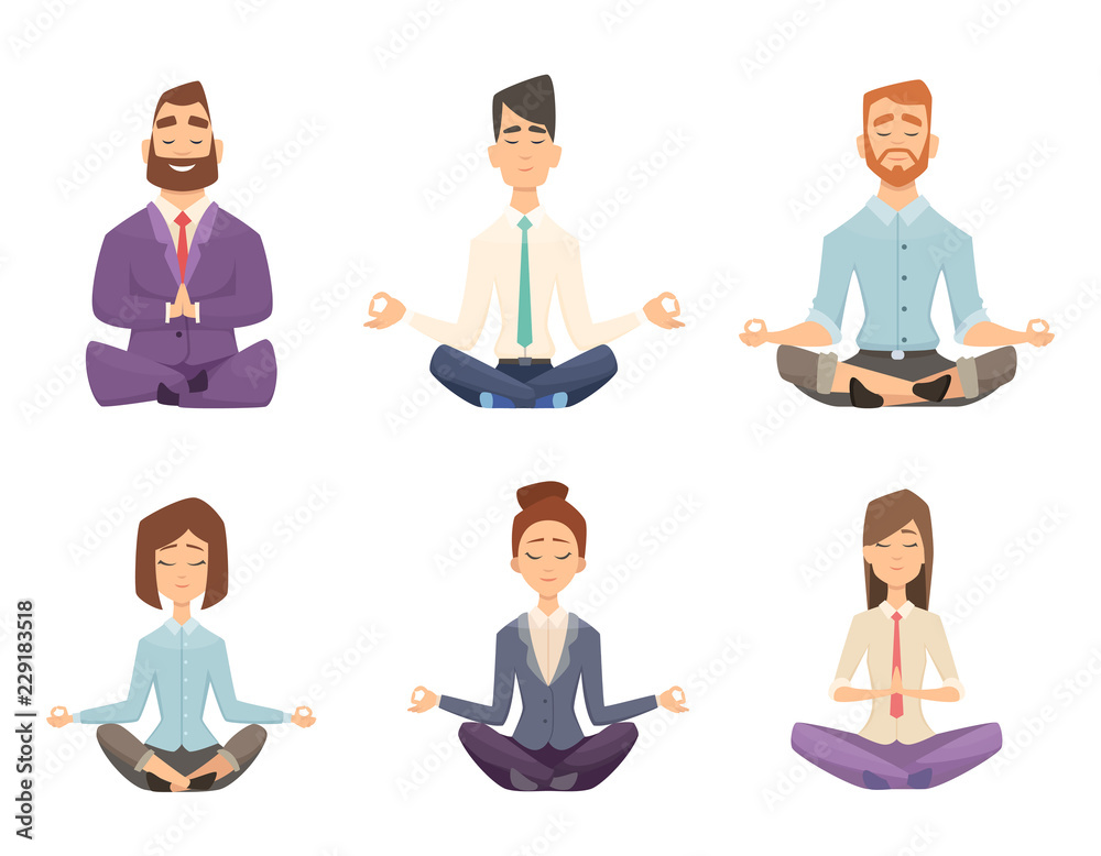 Businessman yoga. Man and woman relaxing meditation at workspace table vector concept cartoon illustration. Pose yoga, relax and meditation Businessman yoga. Man and woman relaxing meditation at workspace table vector concept cartoon illustration. Pose yoga, relax and meditation