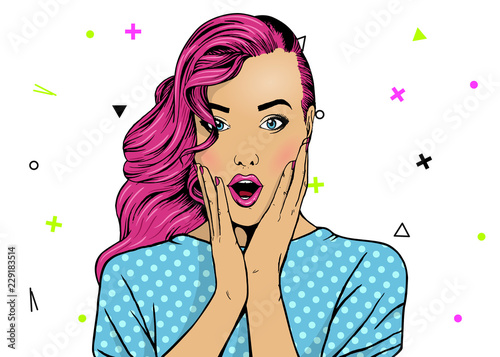 Wow pop art face. Sexy surprised woman with pink hair and open mouth with inscription wow in reflection. Vector colorful background in pop art retro comic style.