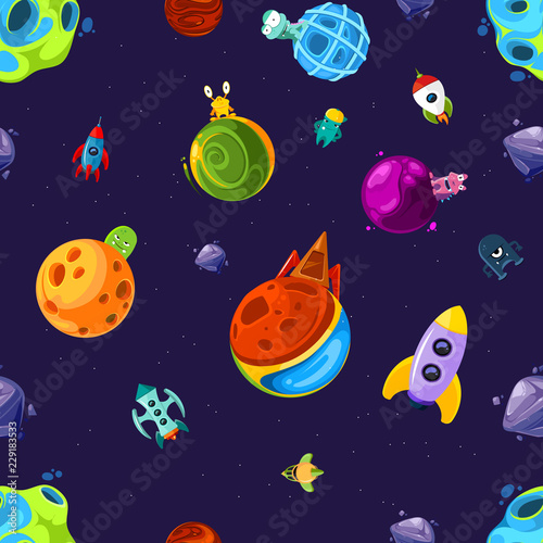 Vector pattern or background illustration with cartoon space planets and ships. Pattern space with planet alien and spaceship extraterrestrial