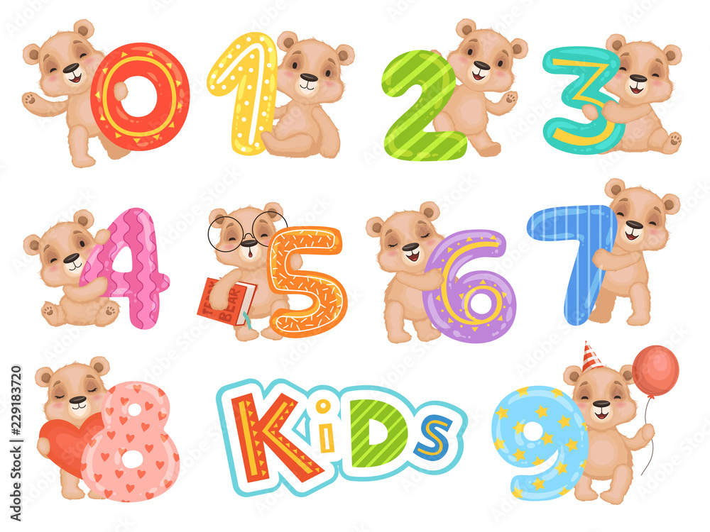 Birthday numbers bear. Party fun invitation for kids celebration teddy bear characters vector cartoon mascots. Illustration of bear with birthday numbers for kids