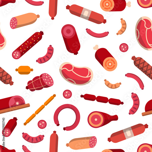 Vector flat meat and sausages icons pattern or background illustration. Seamless pattern sausage and meat food, sirloin and salami