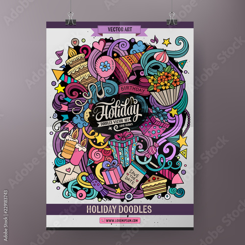 Cartoon colorful hand drawn doodles Holiday poster template