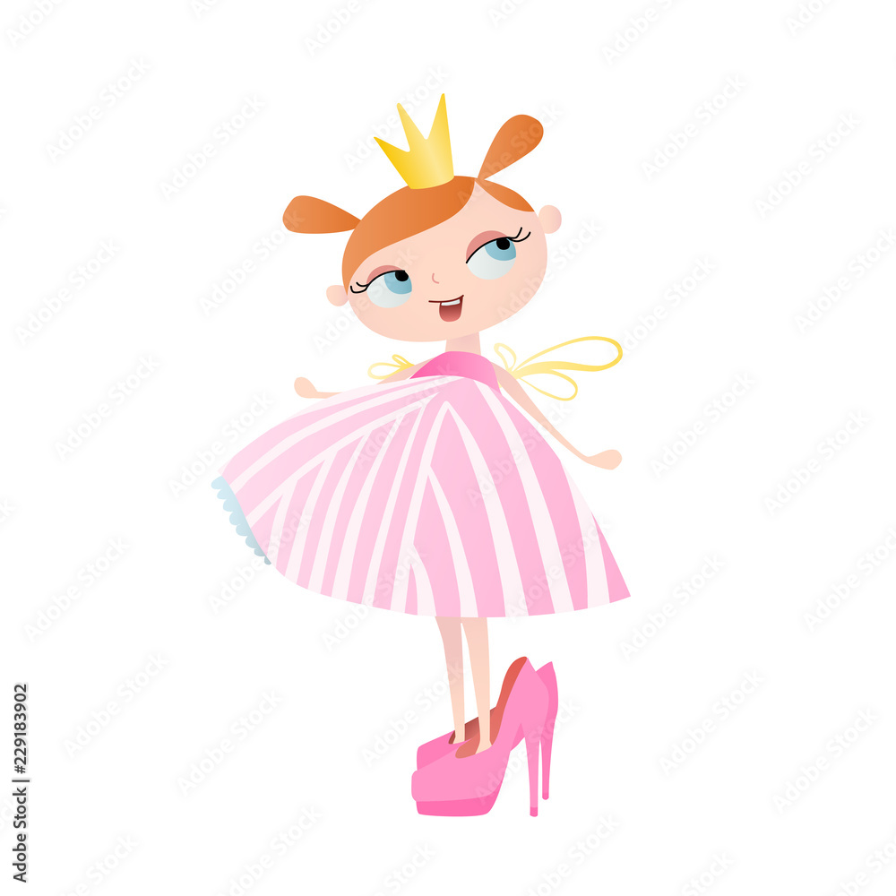 Cute little princess in mom’s shoes. Vector. Character design. Cute little princess in mom’s shoes. Vector. Character design.