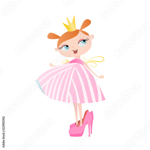 Cute little princess in mom’s shoes. Vector. Character design.