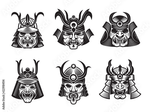 Martial masks. Warrior japanese samurai shogun asian armour vector black illustrations isolated. Set of martial armor helmet and armour asian