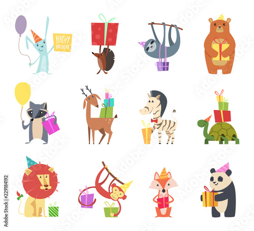 Birthday animals. Holiday happy celebration hare hedgehog bear zebra turtle lion and monkey festive gifts vector cartoon animals. Greeting birthday, animal with gift, deer fox and lemur illustration