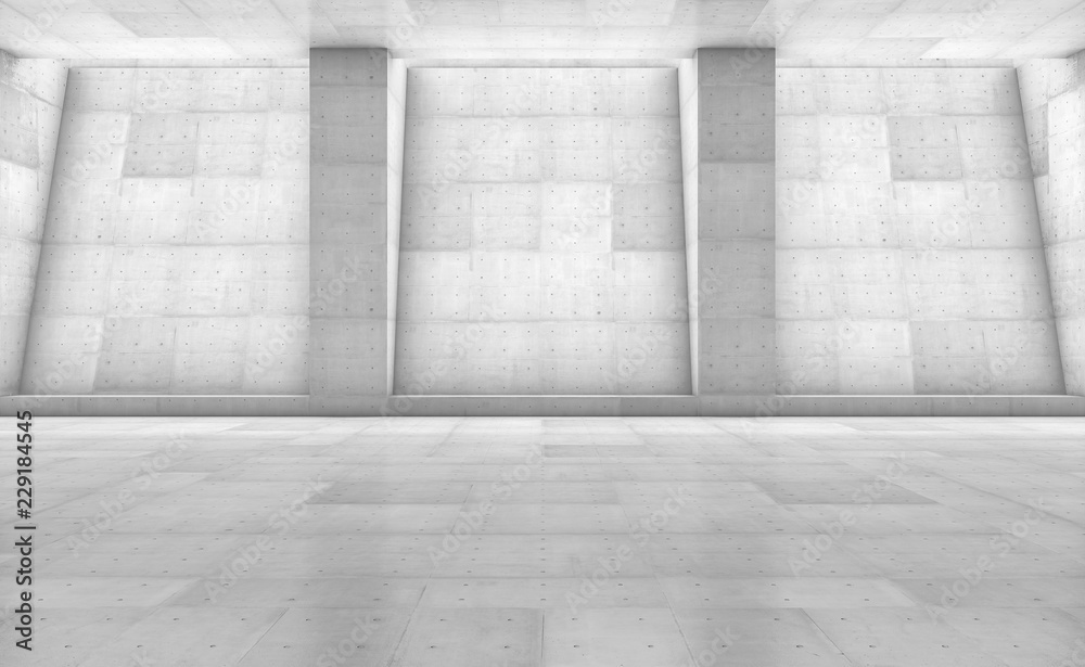 Abstract concrete showroom with columns. Modern geometric design. White floor and wall background. 3d rendering Abstract concrete showroom with columns. Modern geometric design. White floor and wall background. 3d rendering