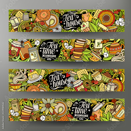 Cartoon cute colorful vector hand drawn doodles Pizzeria banners