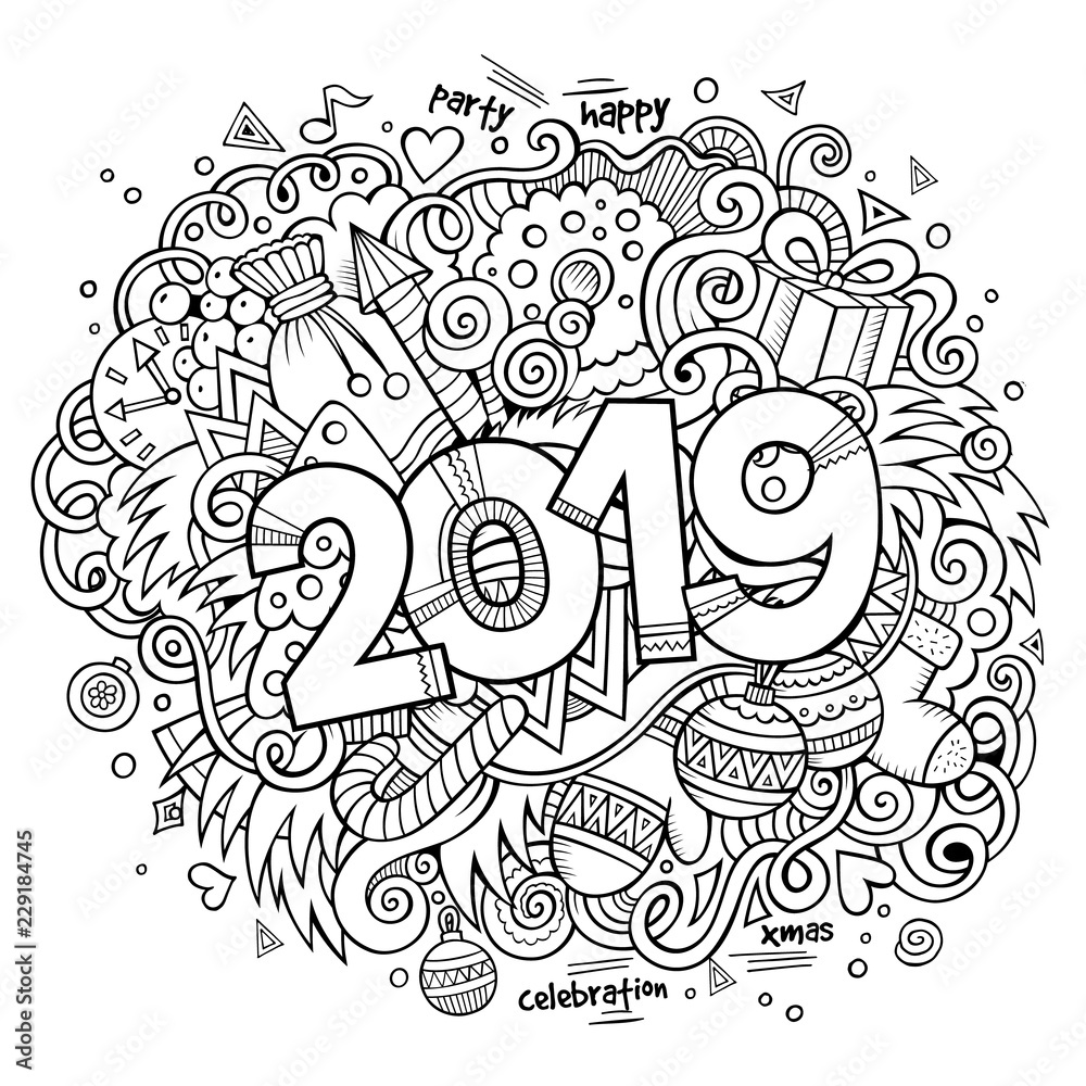 Cartoon vector cute doodles hand drawn 2019 year illustration Stock ...