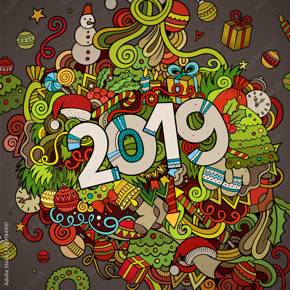 2019 hand drawn doodles colorful illustration. New Year poster.