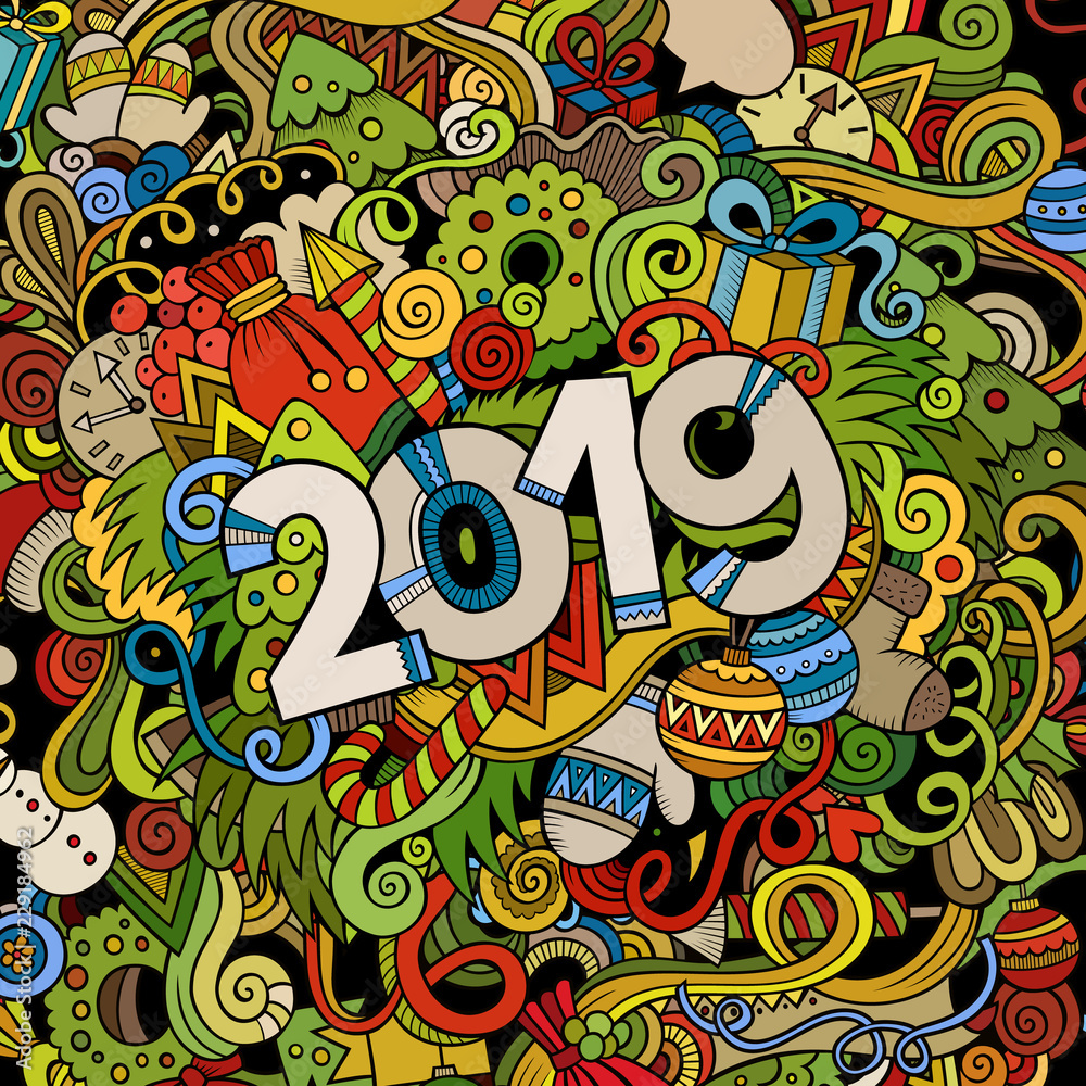 2019 hand drawn doodles colorful illustration. New Year poster.