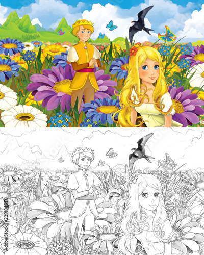 cartoon romantic scene with beautiful tiny elf girl on the meadow with elf prince - with coloring page - creative illustration for children