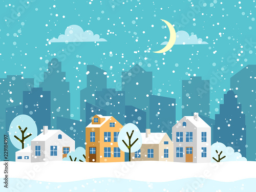 Christmas winter landscape with small houses. Snowy evening village. Vector illustration