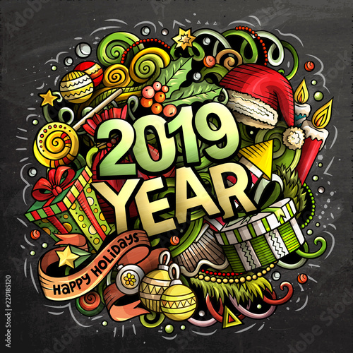 2019 hand drawn doodles chalk board illustration. New Year objec