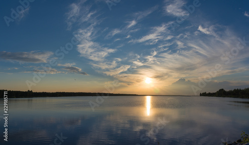 Panoramic view and sunset image on the calm river © Nataliia