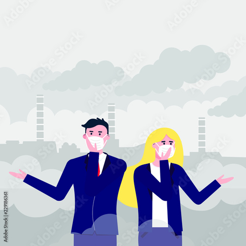 Confused man,woman in masks against smog. Fine dust, air pollution, industrial smog protection concept flat style design vector illustration. Industrial plant pipes with huge clouds of smoke behind.