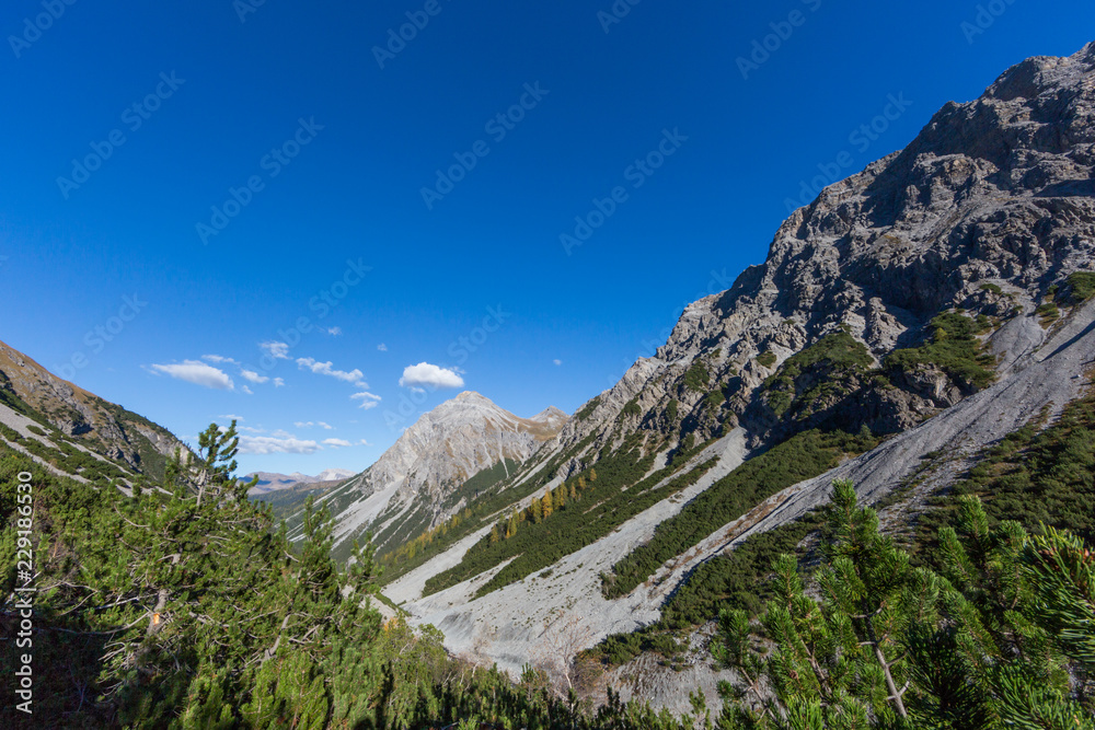 Schiesshorn mountain near Arosa and Welschtobel canyon, blue sky